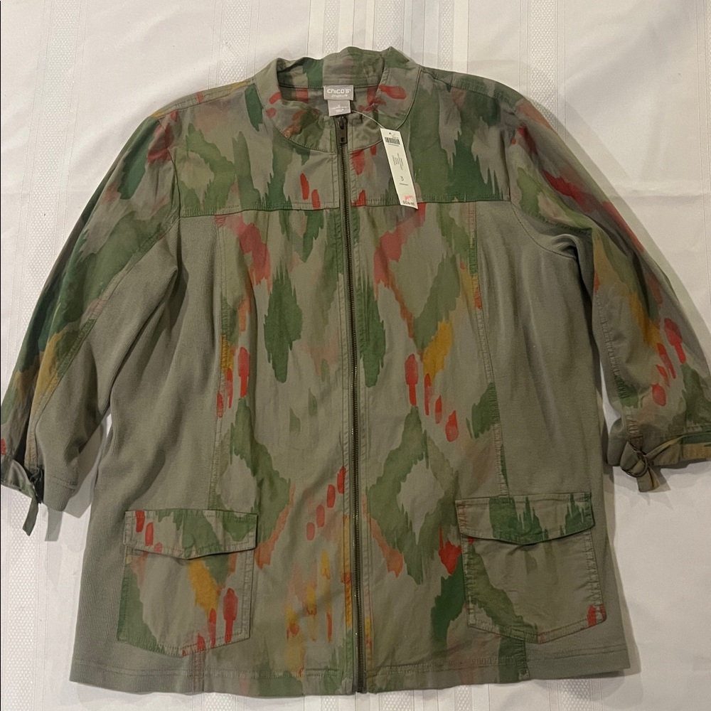 Chico's Olive Green Painterly Ikat Print Utility Jacket Vetiver NEW (0081)
